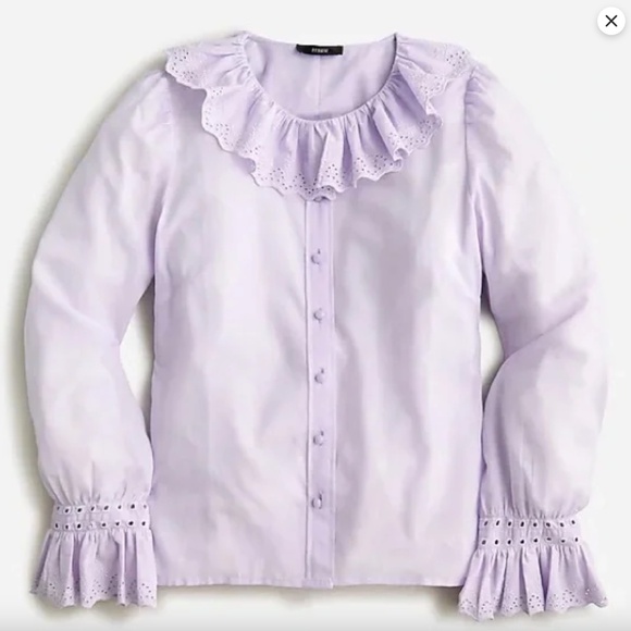 J Crew Long Sleeve Embroidered Ruffle-Collar Button Down Shirt with Eyelet - Picture 3 of 9